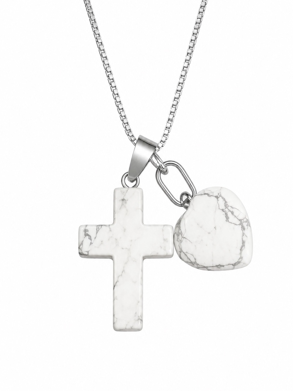 Boho hippie Howlite Cross & Howlite Heart Sterling Silver 16” N…